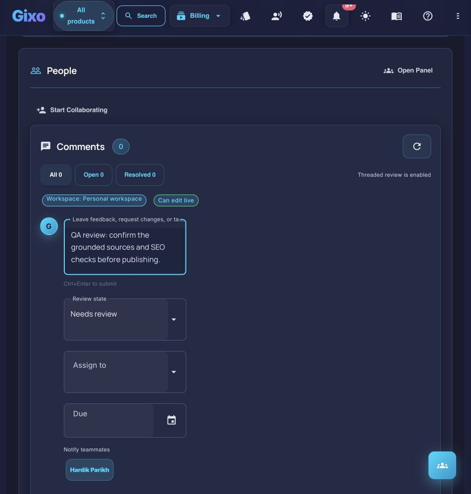 Current Gixo Quill threaded review composer with an unsent QA review request, review state, assignee, due date, and teammate notification controls