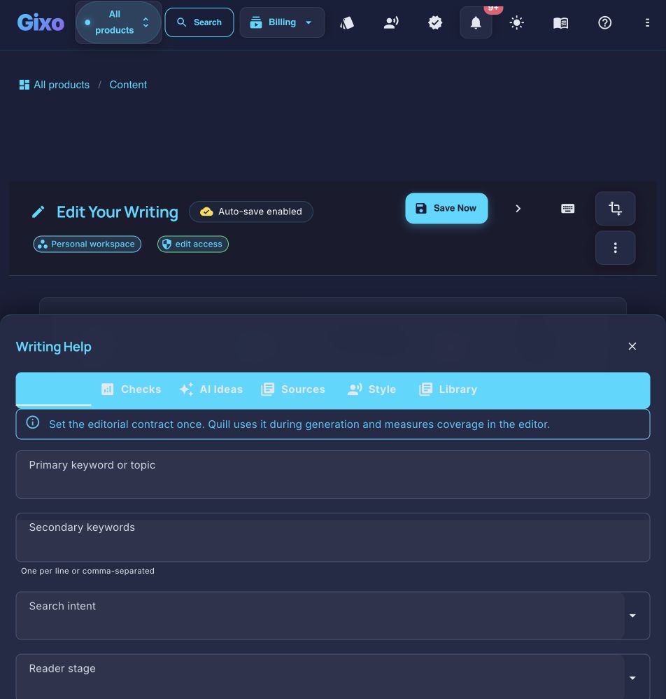 Current Gixo Quill editor with Writing Help tabs for brief, checks, AI ideas, sources, style, and library