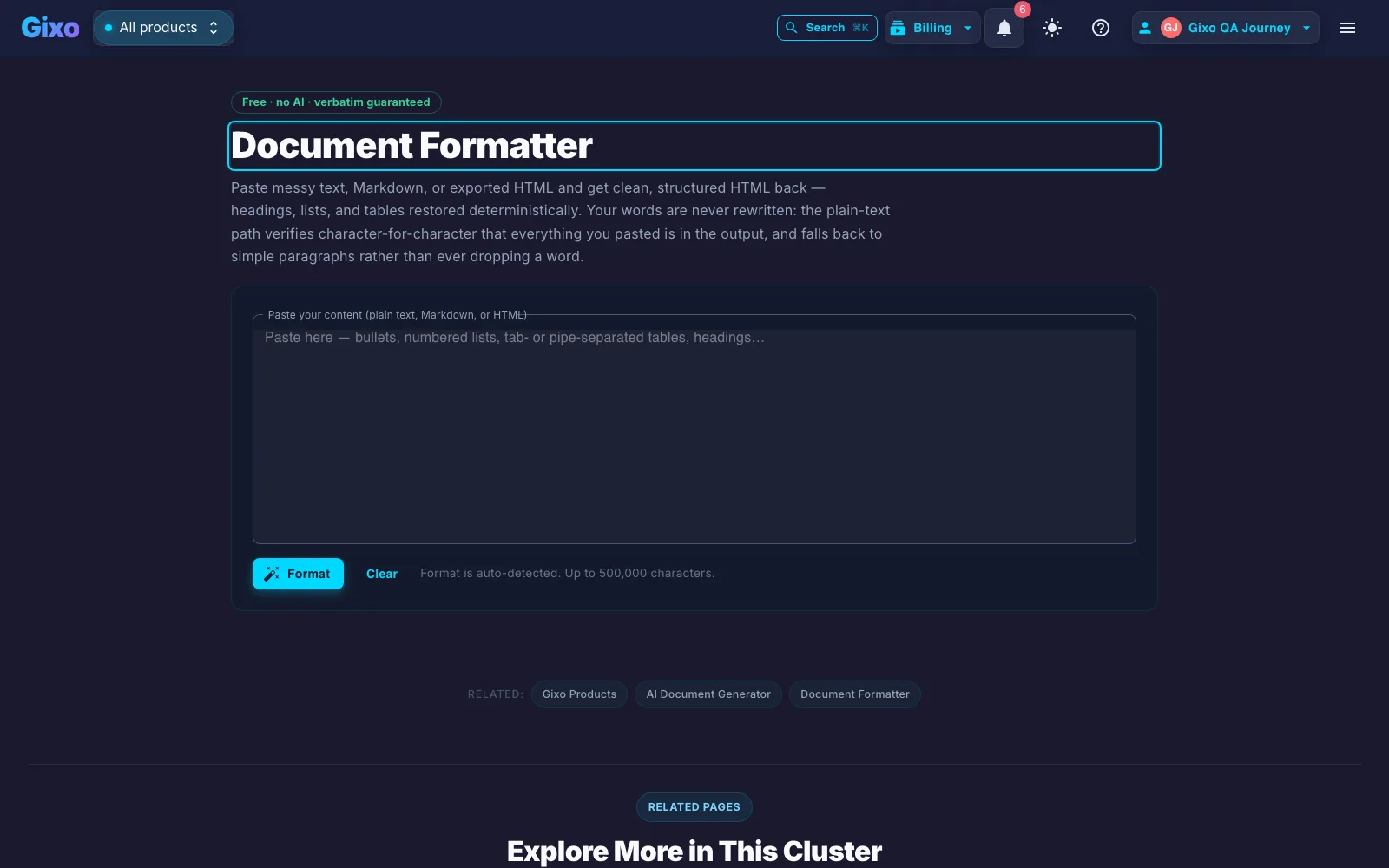 Gixo document formatter tool: paste plain text, Markdown, or HTML and get clean structured HTML back, marked free with no AI and verbatim guaranteed