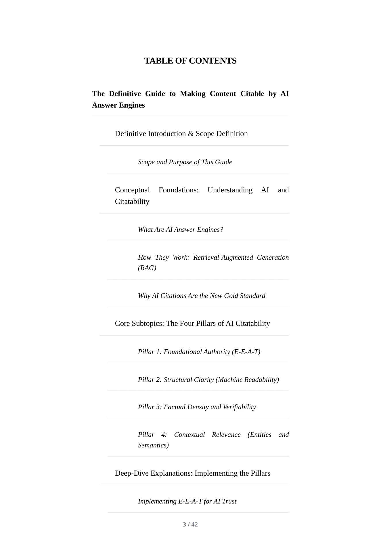 Downloaded Quill PDF table of contents from a 42-page citability guide