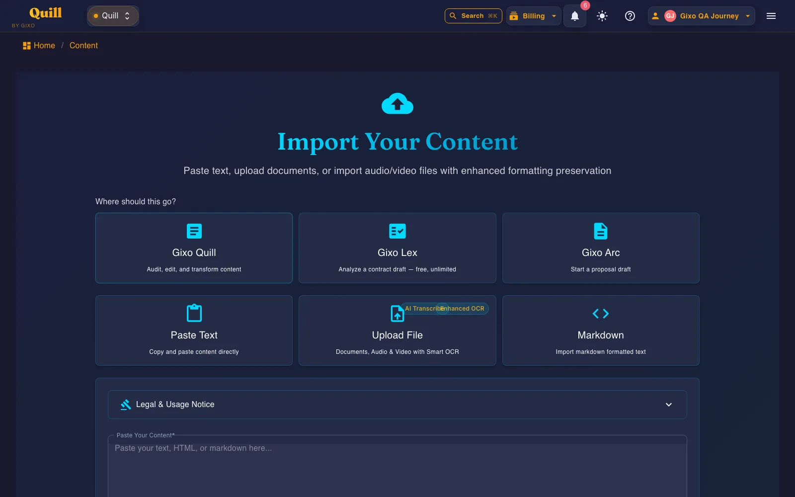 Gixo Quill import screen: paste text, upload a file, or import markdown