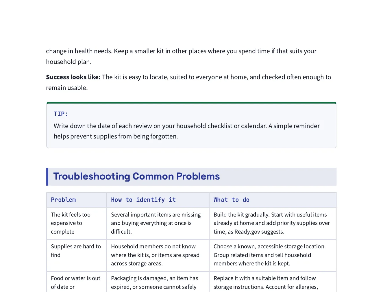 A page of the home emergency kit guide: a tip box and a troubleshooting table listing common problems, how to recognise each and what to do.