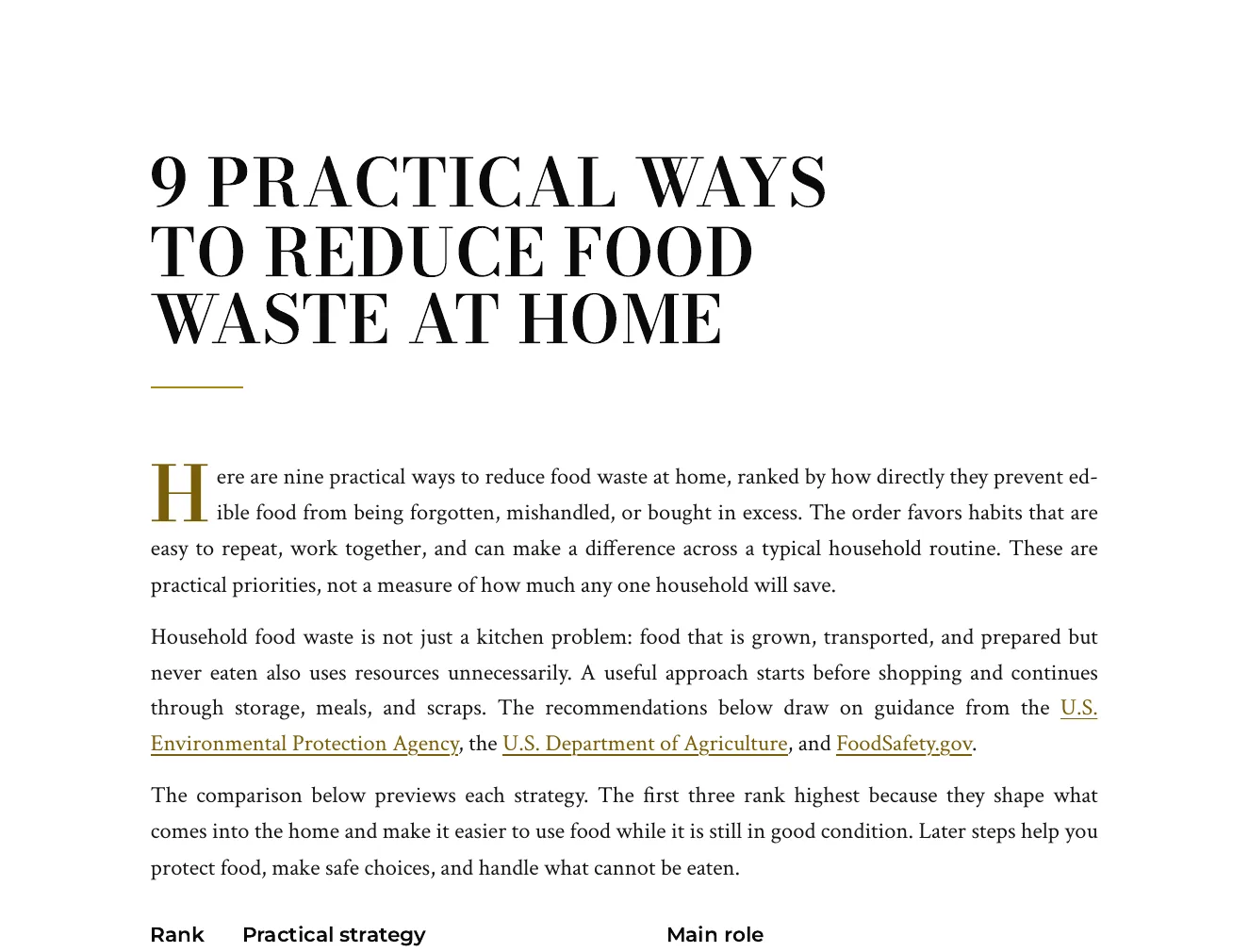 The first page of the food waste article: the title, an introduction that names EPA, USDA and FoodSafety.gov, and the start of a ranked table of nine strategies.
