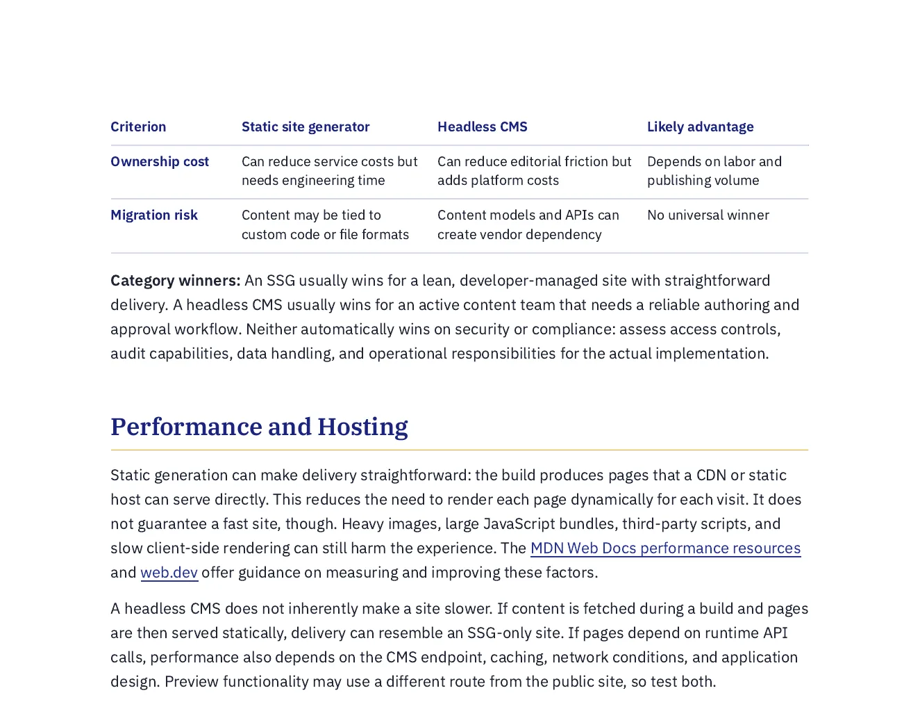 A page of the comparison: a criterion table for static site generator and headless CMS with a category-winners paragraph, above the start of the performance and hosting section.