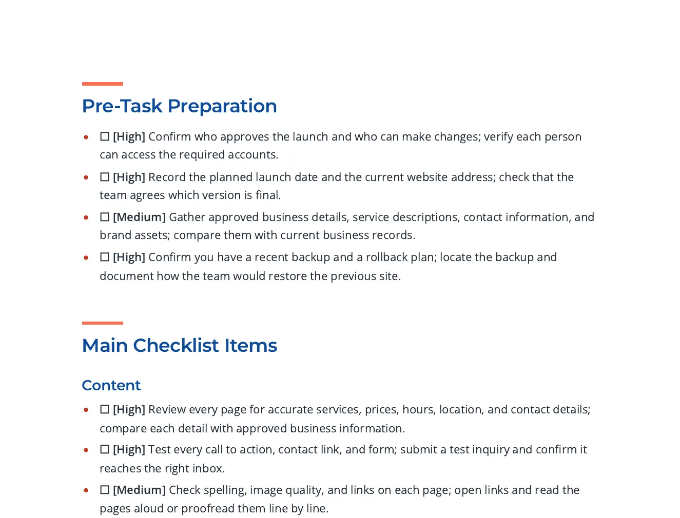 A page of the pre-launch checklist: pre-task preparation and main checklist items, each with a checkbox and a High or Medium priority tag.
