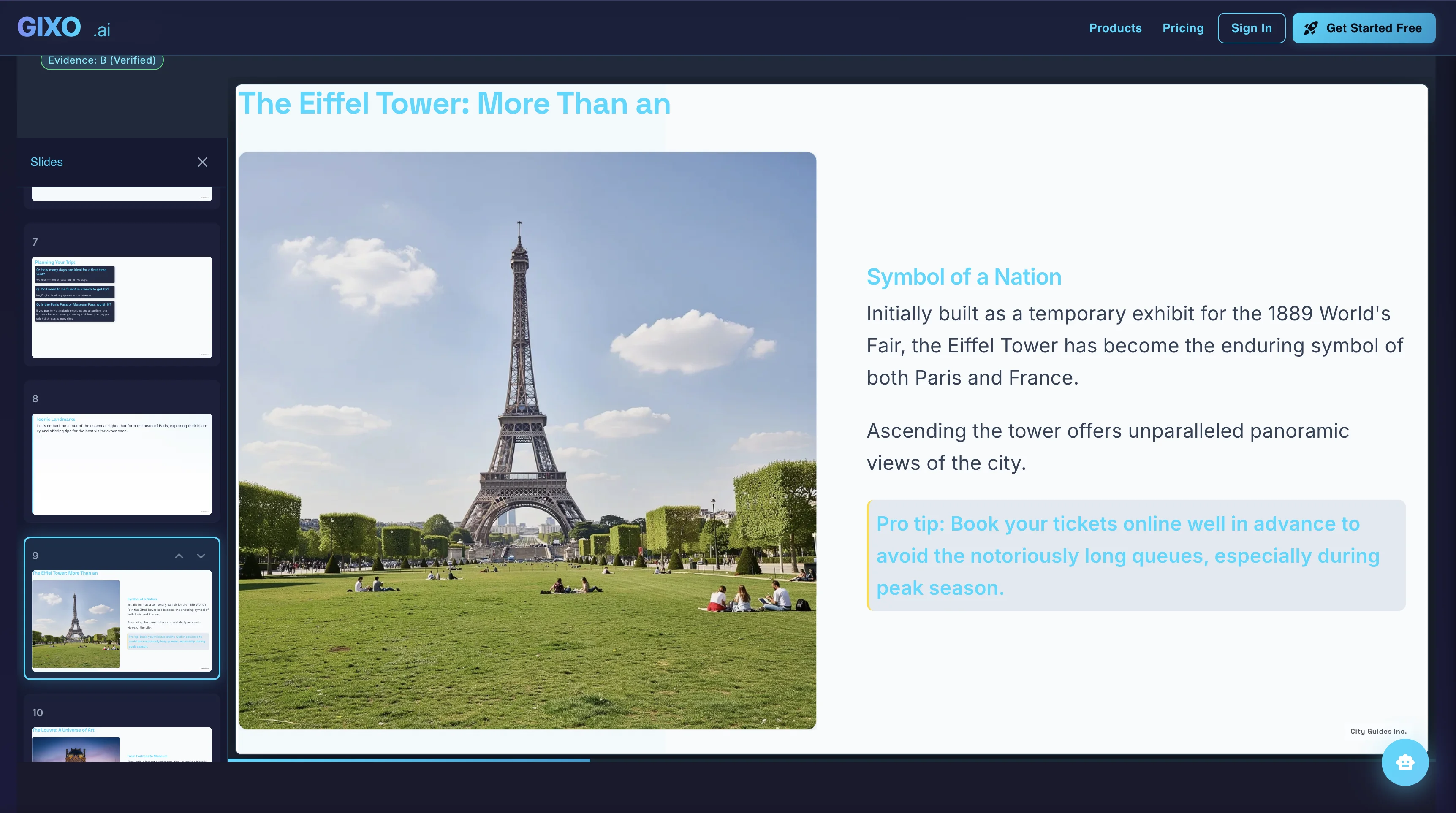 Presentation viewer with slide navigation and speaker-ready layout