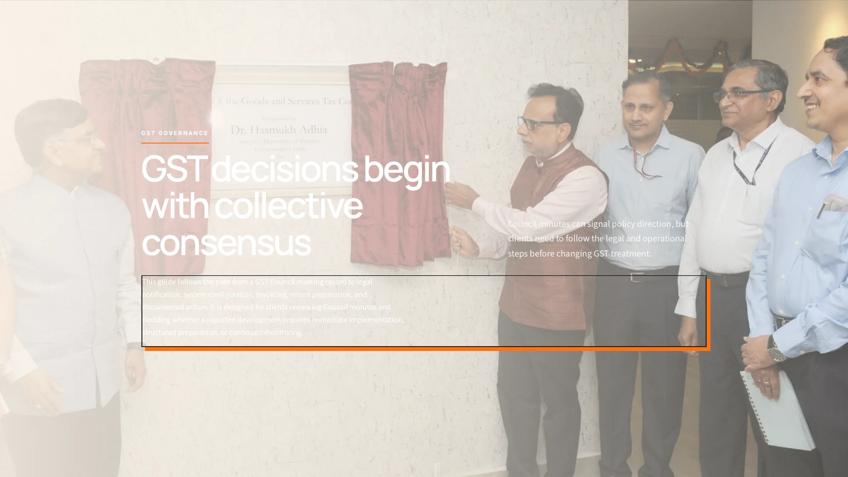 Published Stanza story scene: How GST Council Decisions Become Action, with a full-bleed photograph and overlay copy