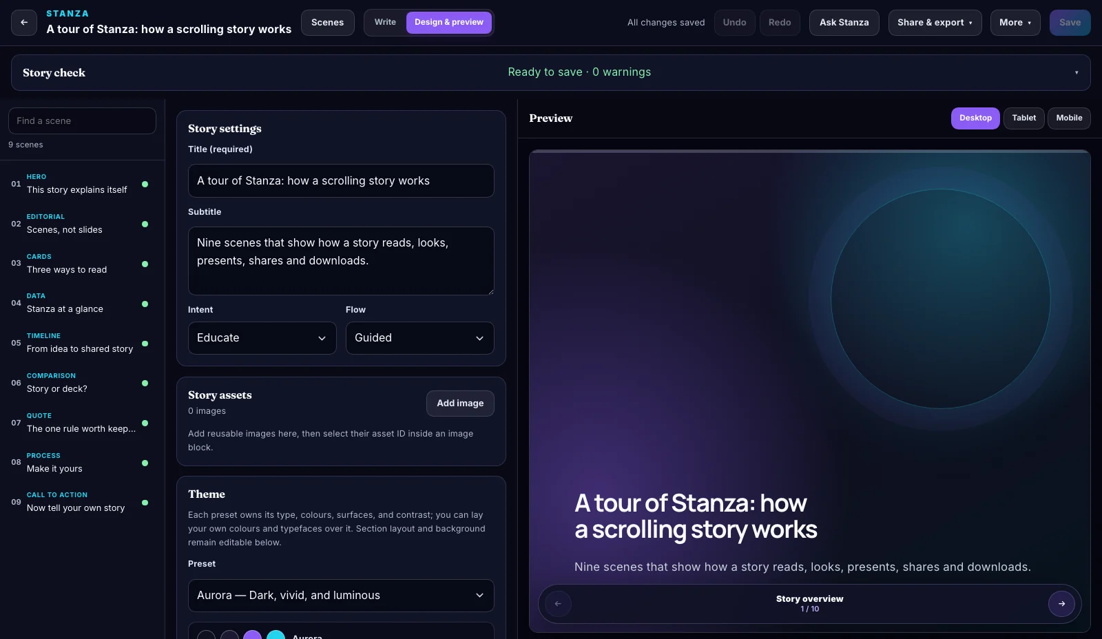 Current Stanza scene outline, story settings, More and Share and export menus beside the Design and preview canvas