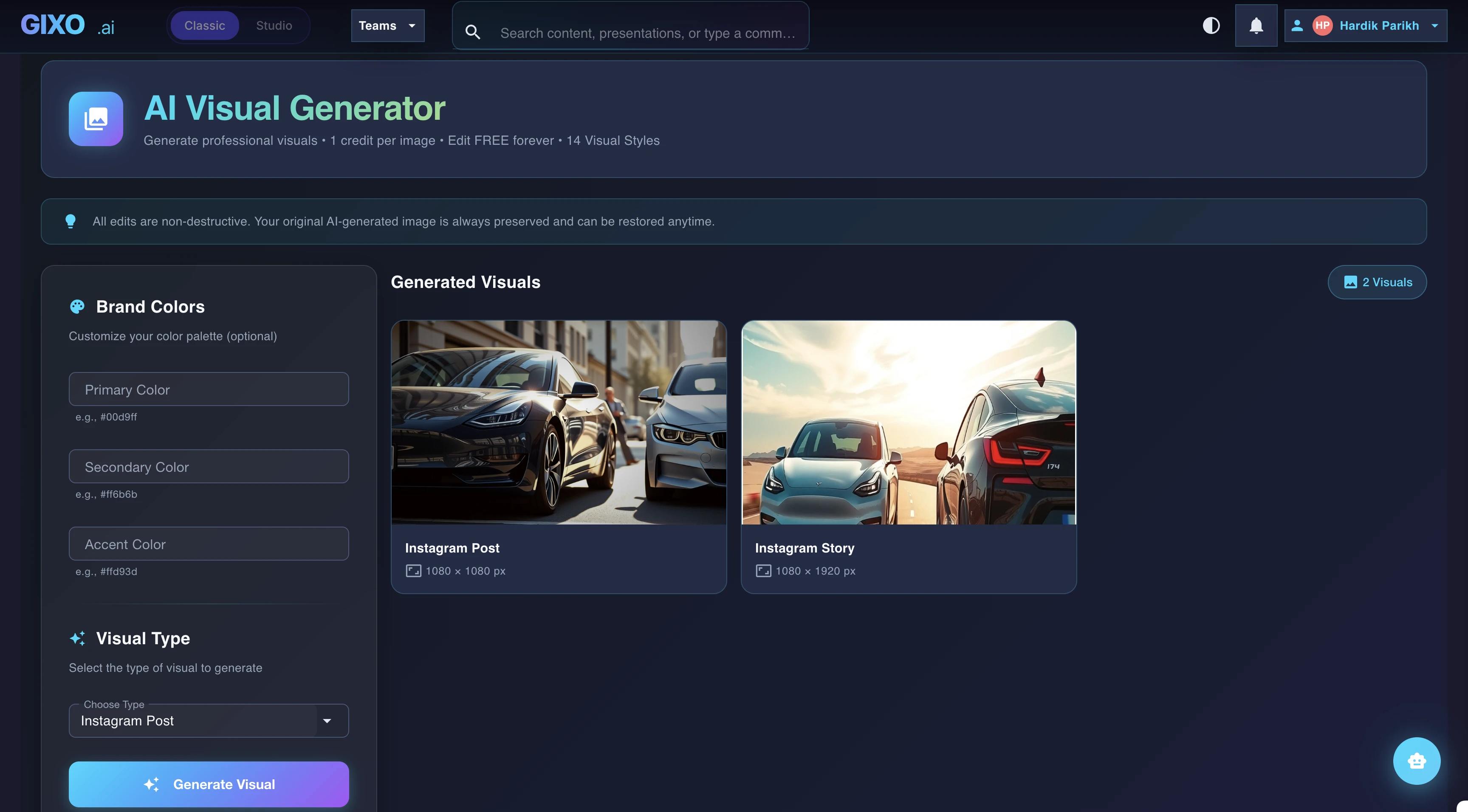 Visual packs interface showing AI-generated brand visuals