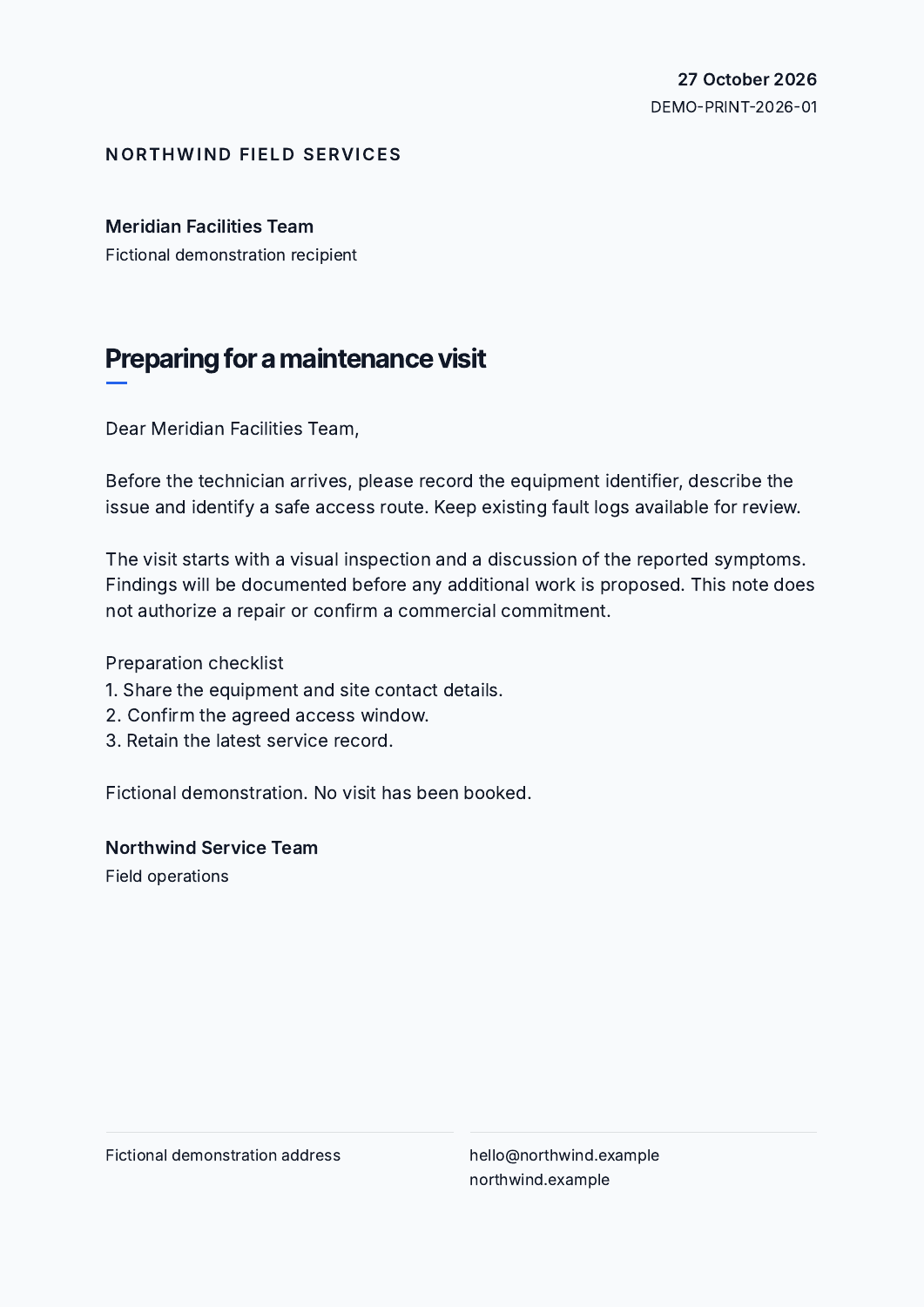 Actual one-page A4 PDF from Prism showing a fictional Northwind maintenance-visit preparation letter
