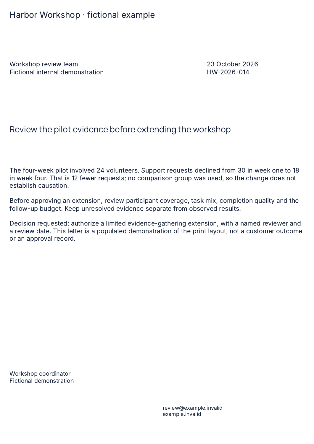 One-page populated fictional A4 letterhead describing the limits of a 24-volunteer pilot