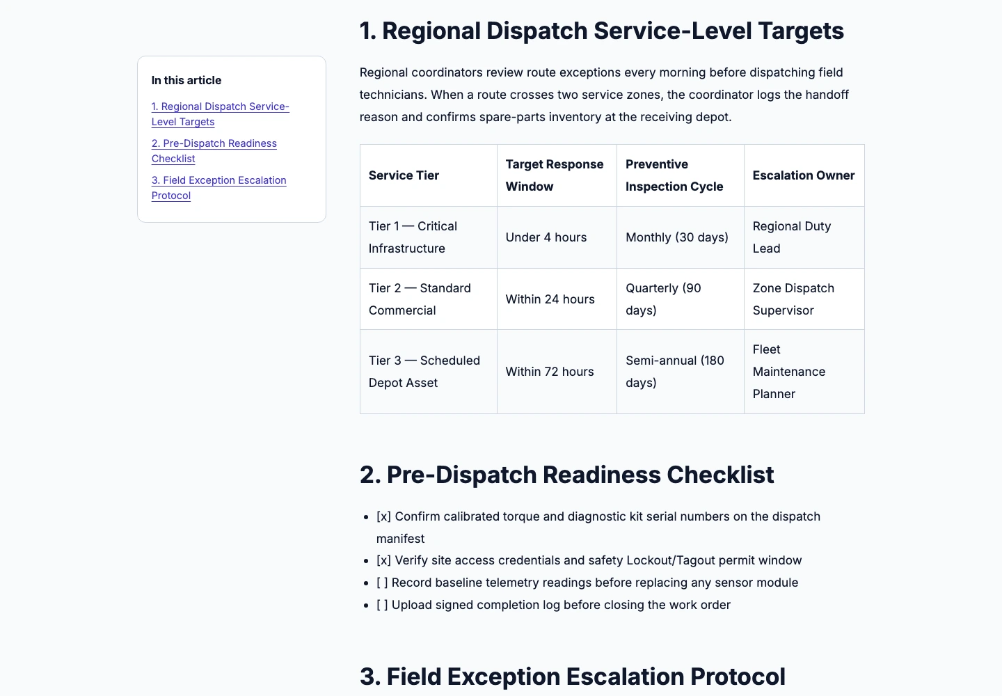 Guide article output showing the service table on desktop and the checklist on phones