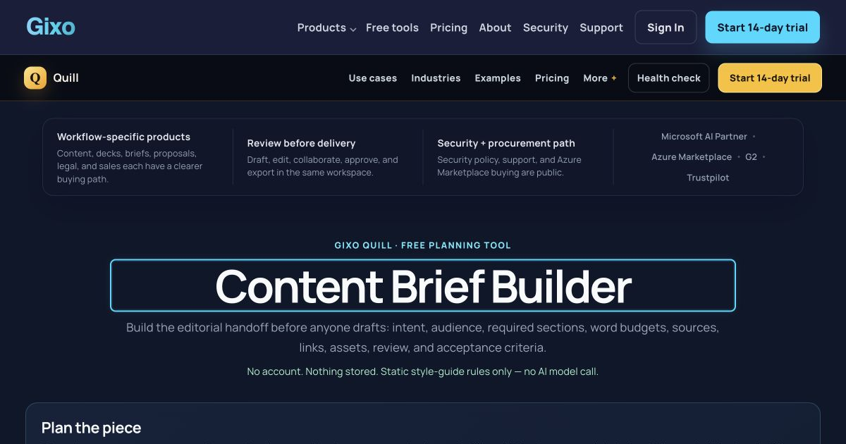 A structured Gixo Quill content brief with section budgets