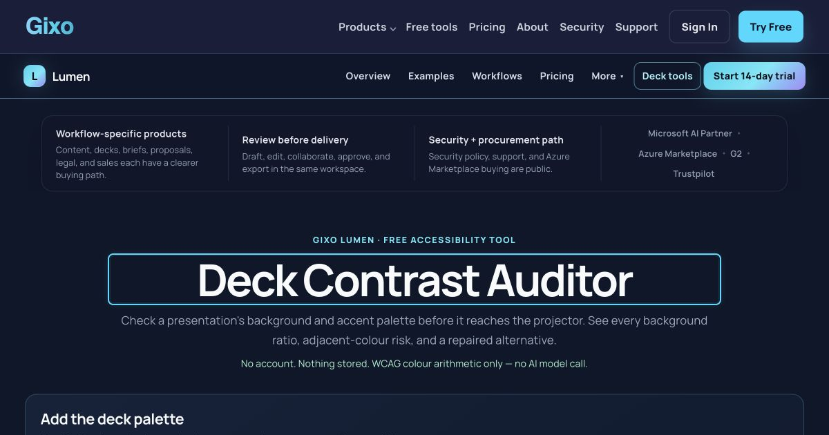A deck palette audit with background and adjacent-colour ratios