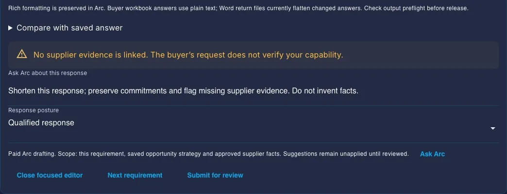 Set an instruction and response posture for the selected requirement. This Ask Arc instruction is prepared but unsubmitted; no returned suggestion is shown. This is an excerpt from the focused editor for Requirement 1.