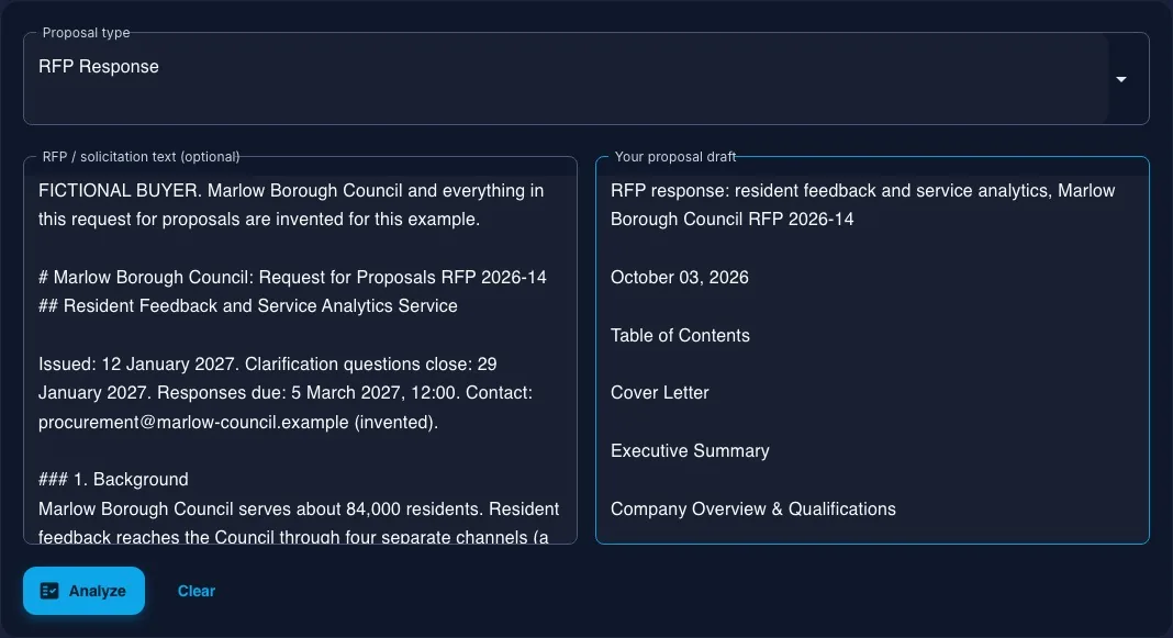 Arc free completeness check with the fictional buyer RFP and published response entered