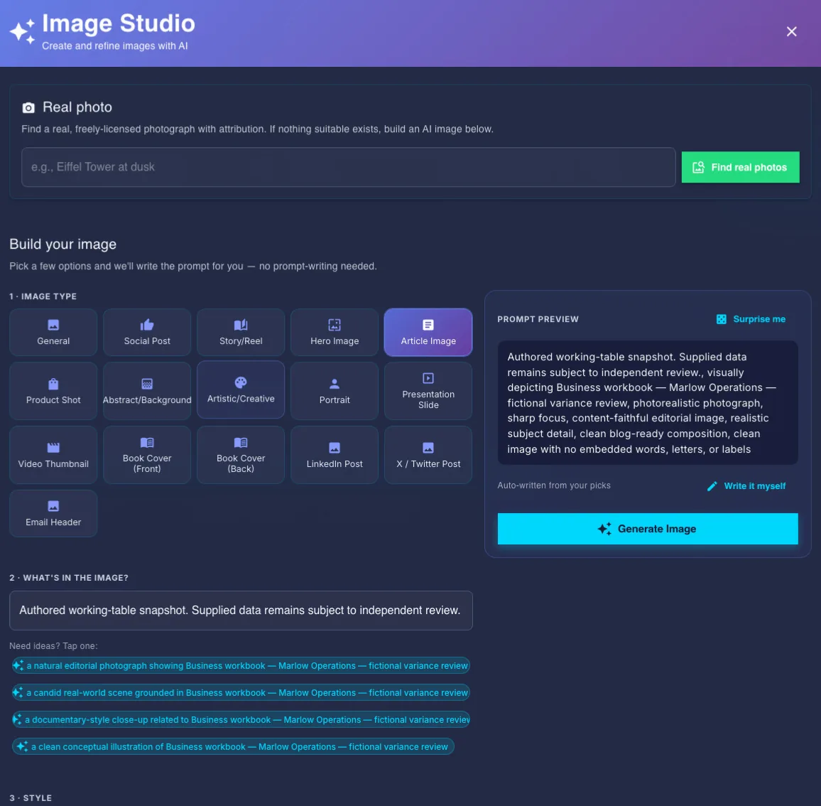 Inspect the image dialog before generating