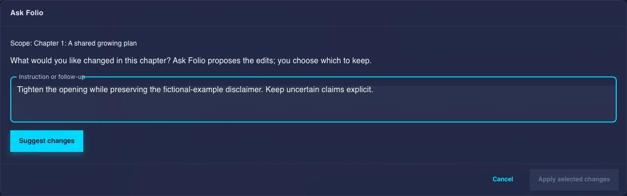 Ask Folio with an unsent instruction preserving the fictional disclaimer