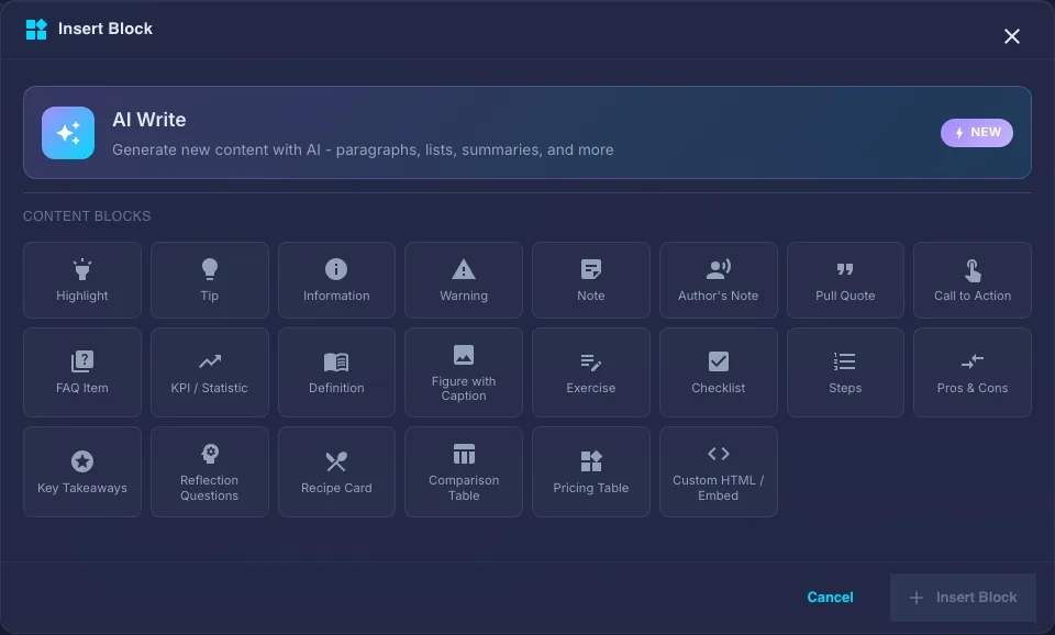 The actual block picker, with AI Write and twenty-two editable content blocks