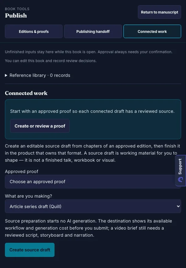 Connected work with an approved-proof prerequisite and destination choices