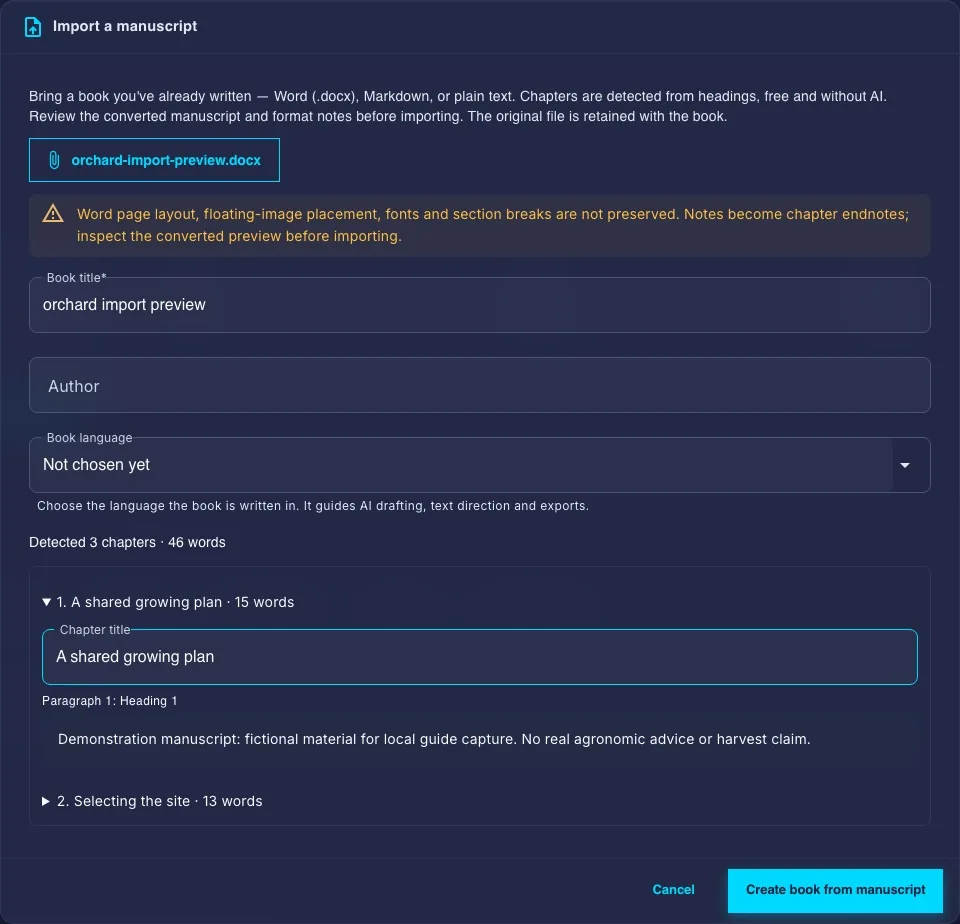 A fictional Word manuscript preview with three detected chapters and fidelity warning