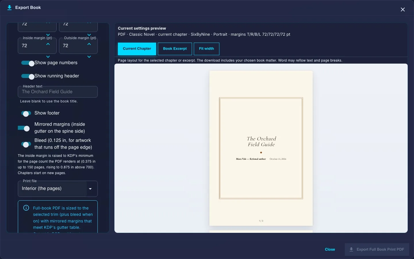 The actual mirrored-margin, bleed and print-file controls
