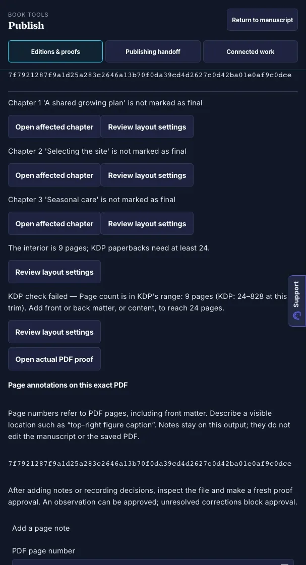 An actual saved proof with unfinalized-chapter and KDP page-count warnings