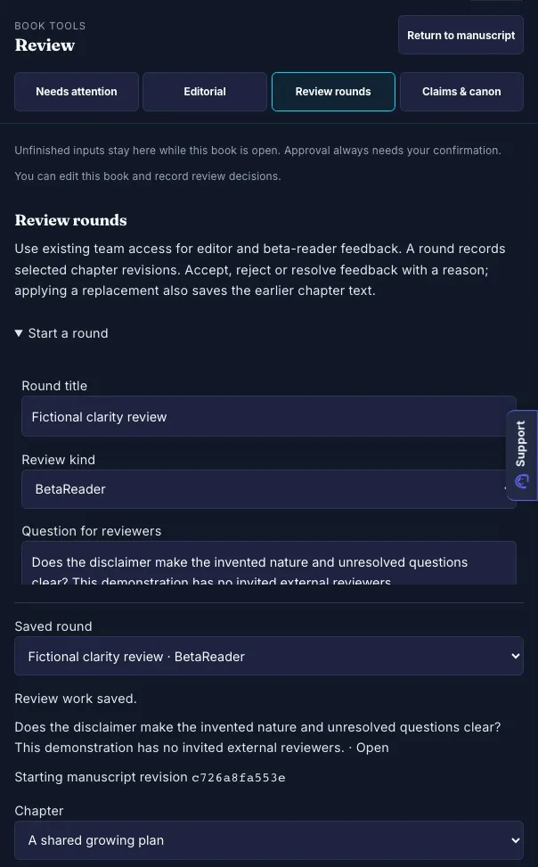 A saved BetaReader round for the fictional manuscript