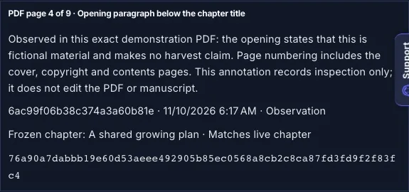 A saved page-four observation tied to the frozen chapter revision