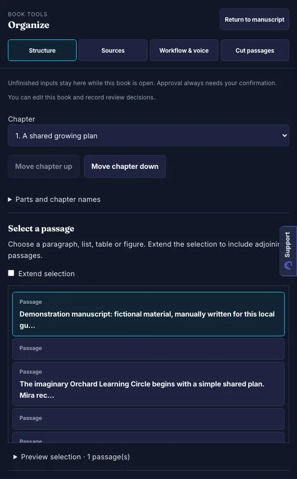 Author Studio structure tools with a selected fictional passage