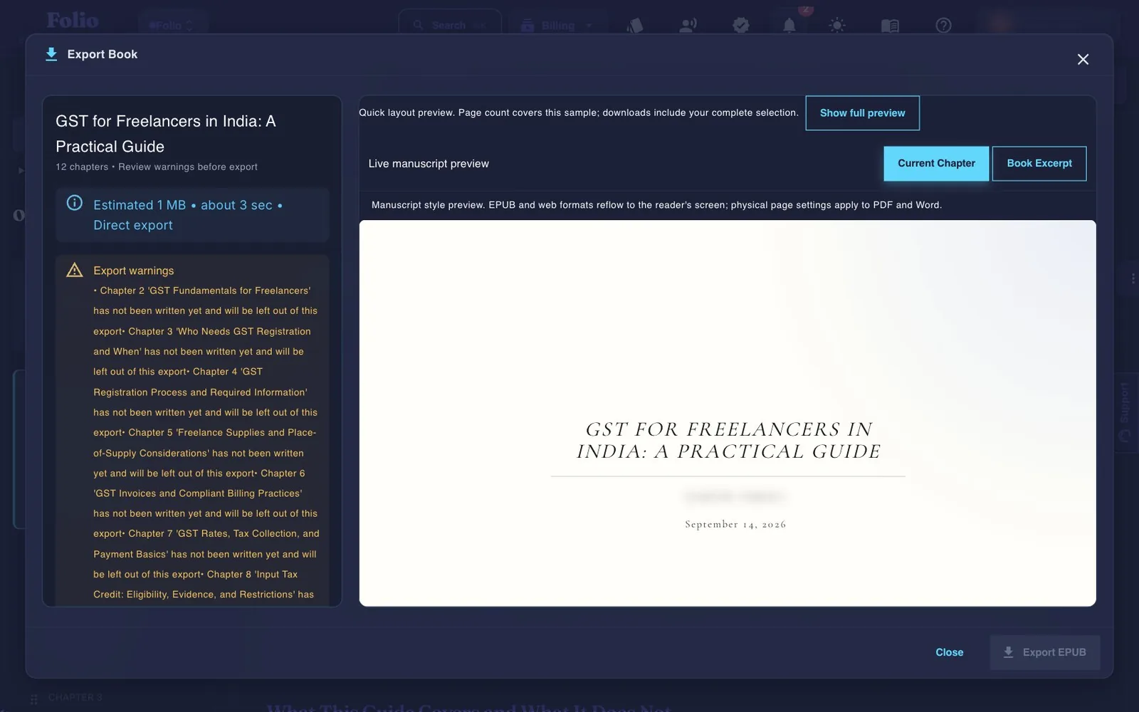 The Export Book dialog