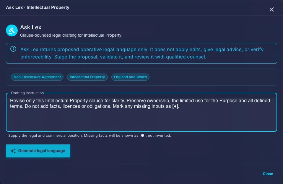 Choose a clause and prepare a bounded Ask Lex instruction. This request is unsubmitted, so the image shows no returned or staged AI wording.