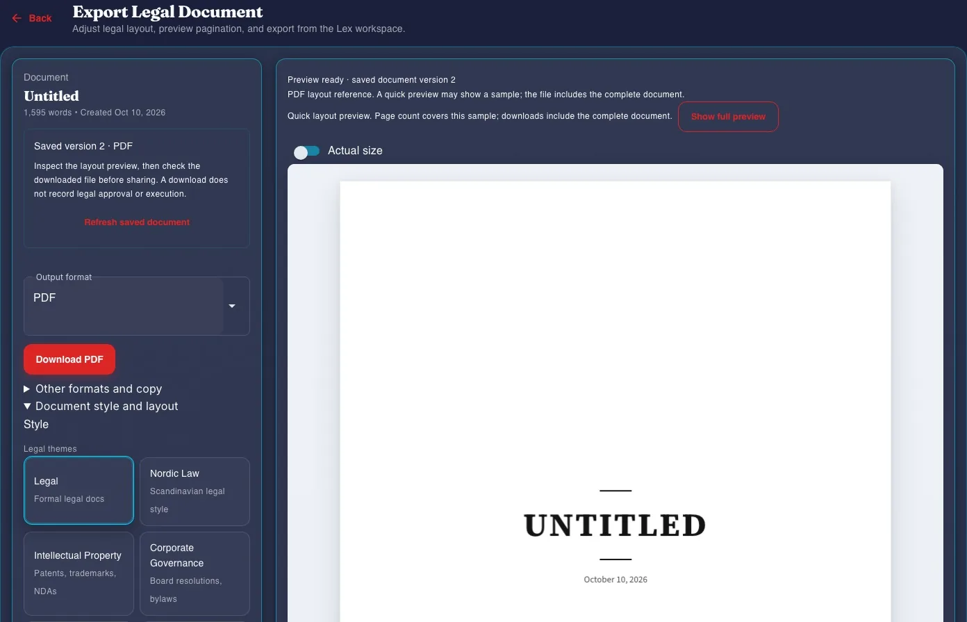 Choose output and document layout controls beside the quick PDF layout preview. These controls do not demonstrate a downloaded file or an original-format Word round trip.