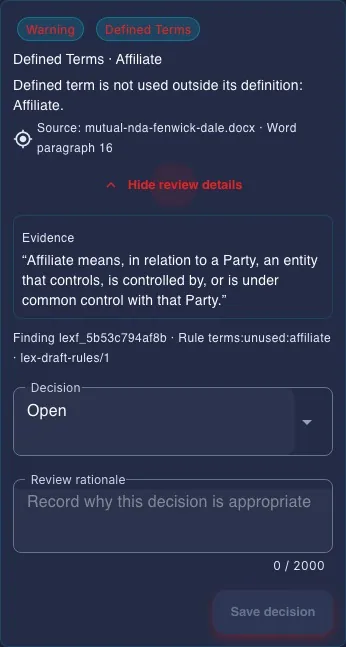 Expanded rule-based finding with its reported passage, location and disabled decision controls