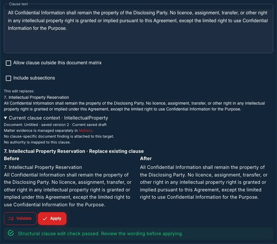 Review a manual proposal to replace “under” with “pursuant to” in the Intellectual Property clause. Validate passed its structural check and left saved version 2 unchanged; Apply remains a separate decision.