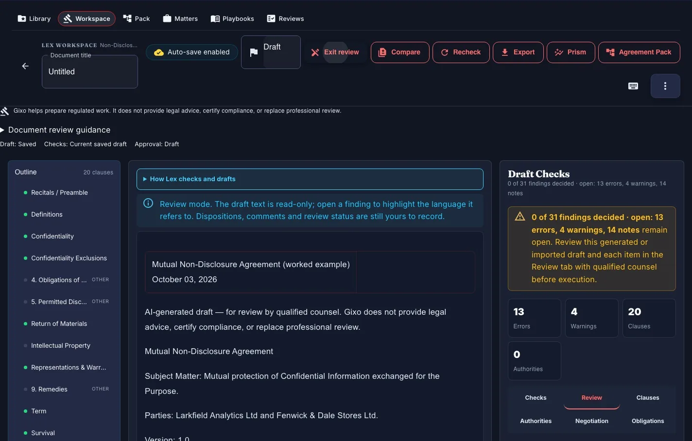 Enter Review mode to inspect the fictional NDA with its draft body read-only. Review decisions remain explicit actions; the open findings still need qualified review.