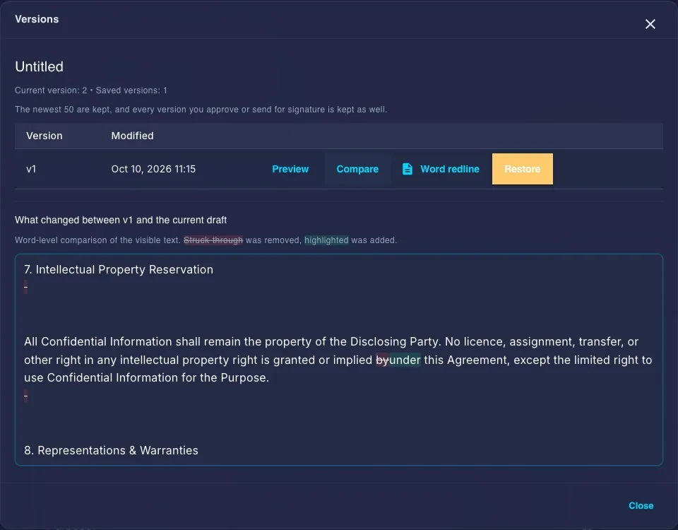 Compare genuine saved versions 1 and 2 after manually changing “by” to “under” in the Intellectual Property clause. The comparison is a record of wording changes, not legal approval.
