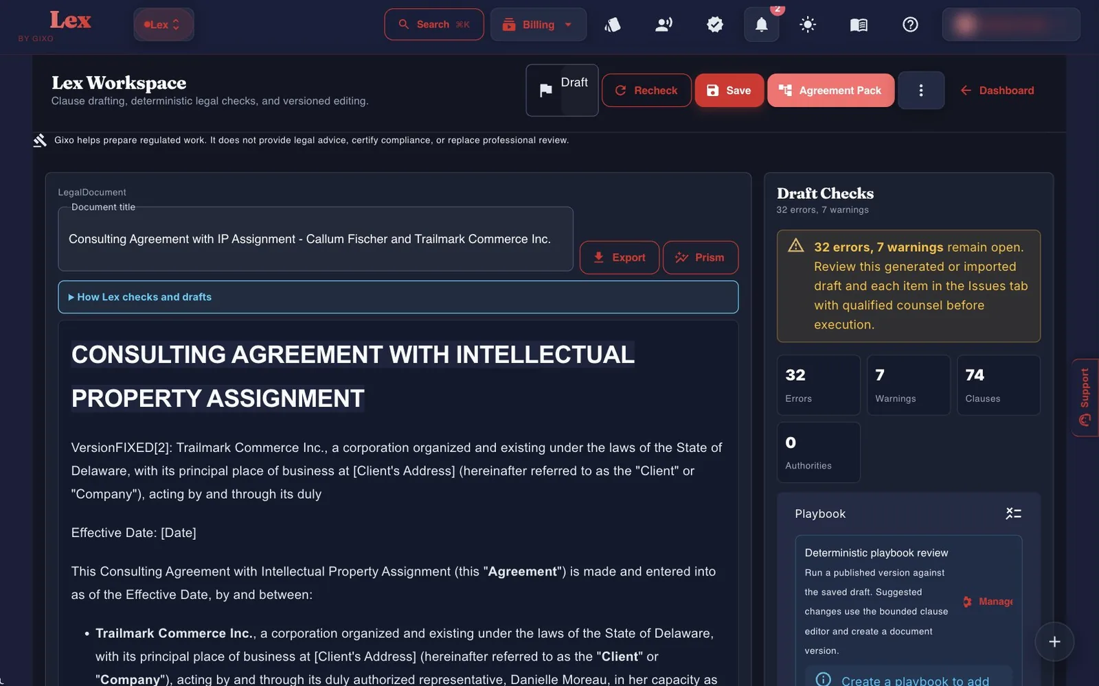 The Lex Workspace with Draft Checks
