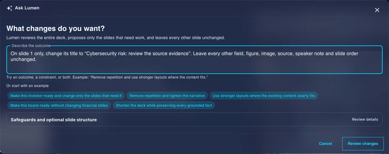 Ask Lumen dialog with a prepared instruction limited to the first slide and the Review changes button