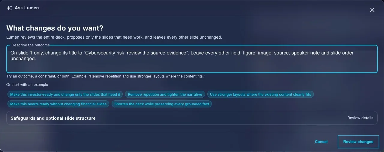 Ask Lumen dialog with a prepared instruction limited to the first slide and the Review changes button