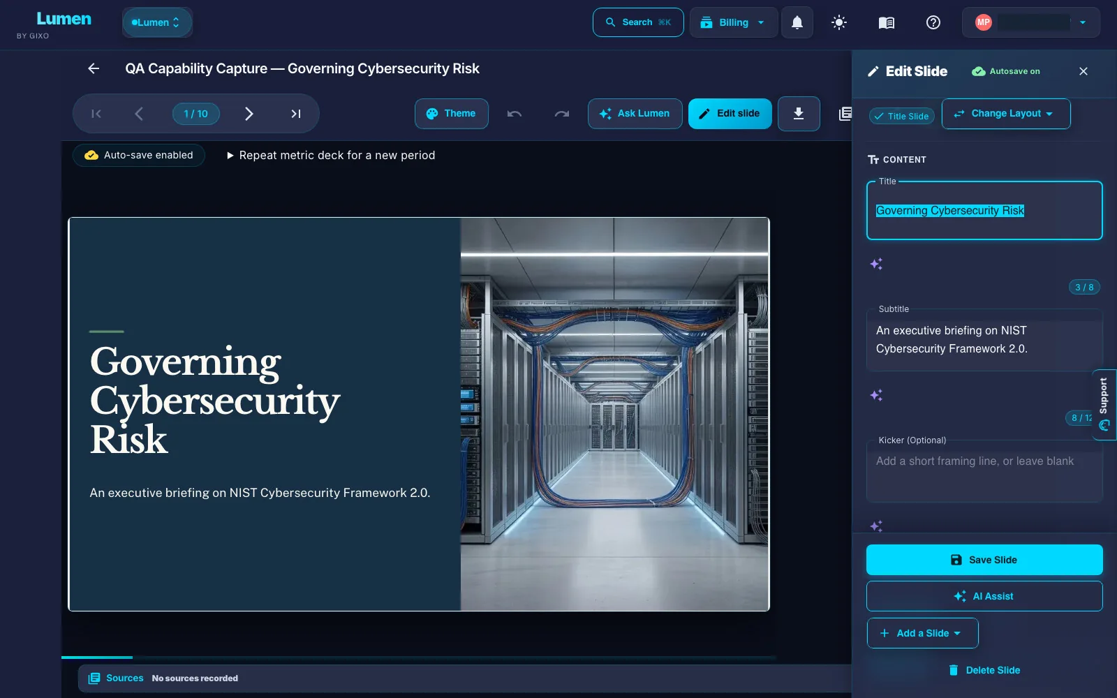 Lumen editing console with populated title and subtitle fields, current layout and the cybersecurity sample slide beside them