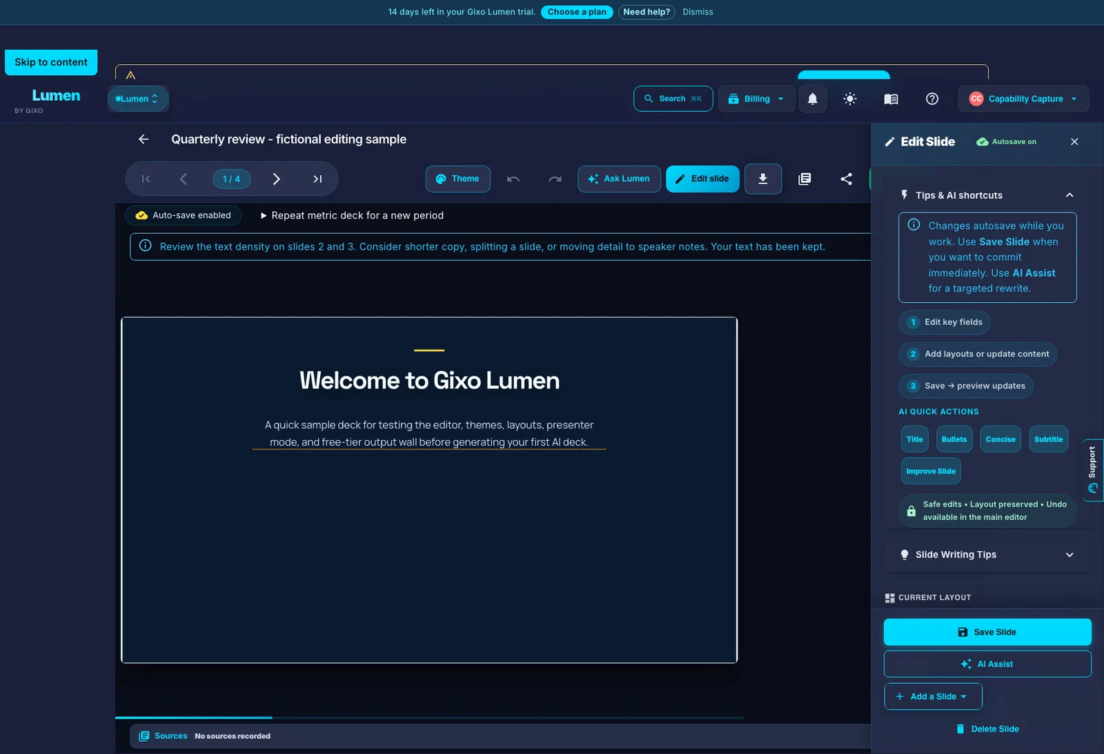 Current Lumen Edit Slide panel beside a manually authored onboarding deck