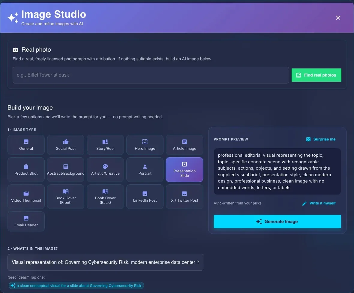 Image Studio showing the real-photo finder, presentation-slide image prompt and Generate Image control before a request is submitted