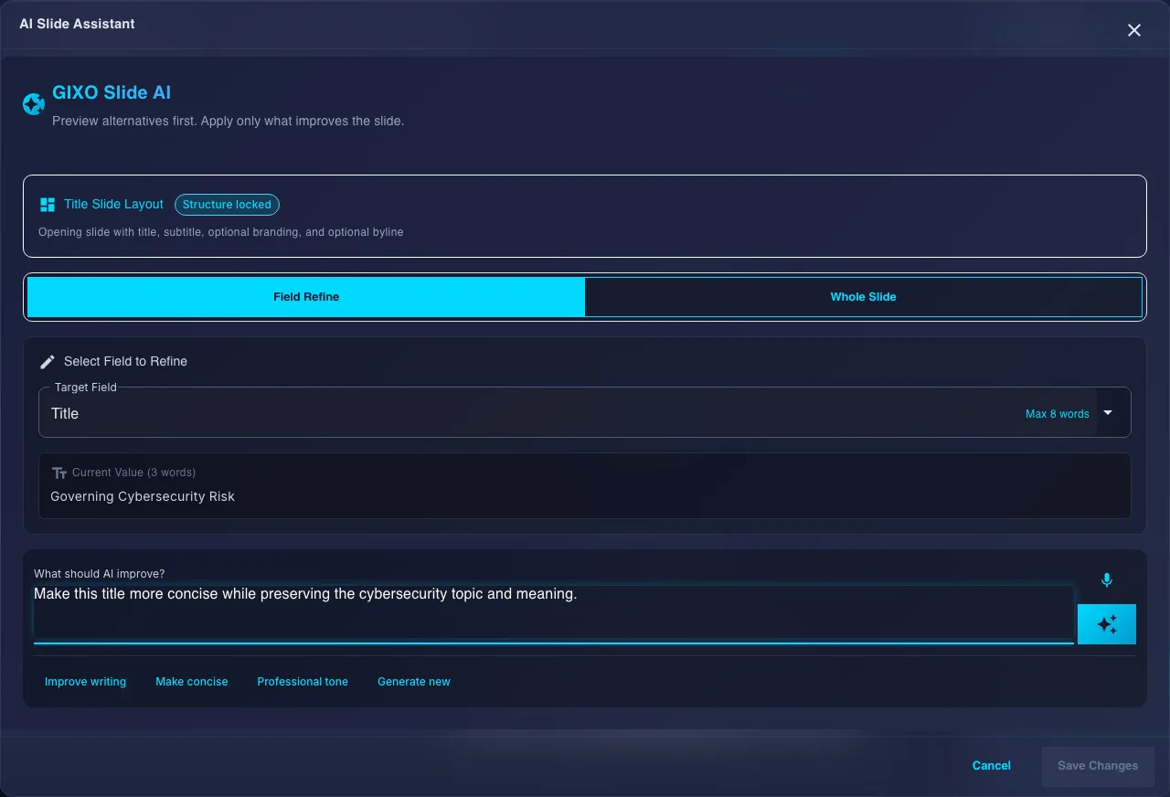 Lumen slide AI dialog with the selected Title field, its current wording and a prepared instruction to make the title concise