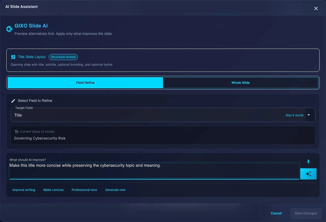 Lumen slide AI dialog with the selected Title field, its current wording and a prepared instruction to make the title concise