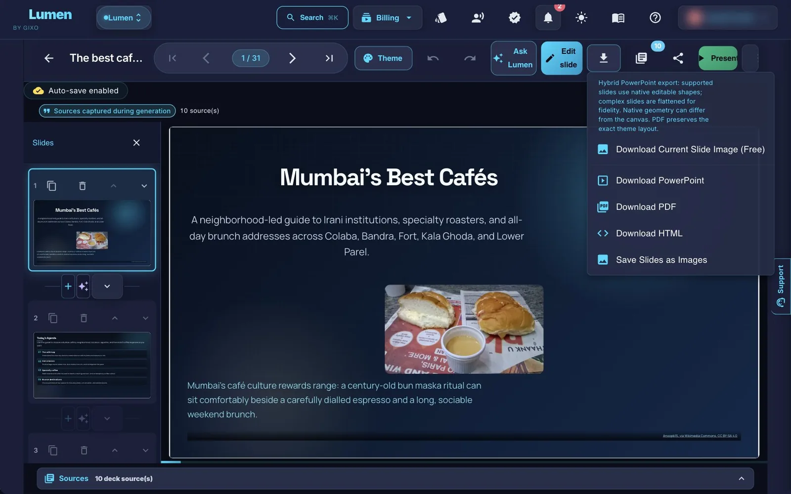 The deck editor with the Export menu open