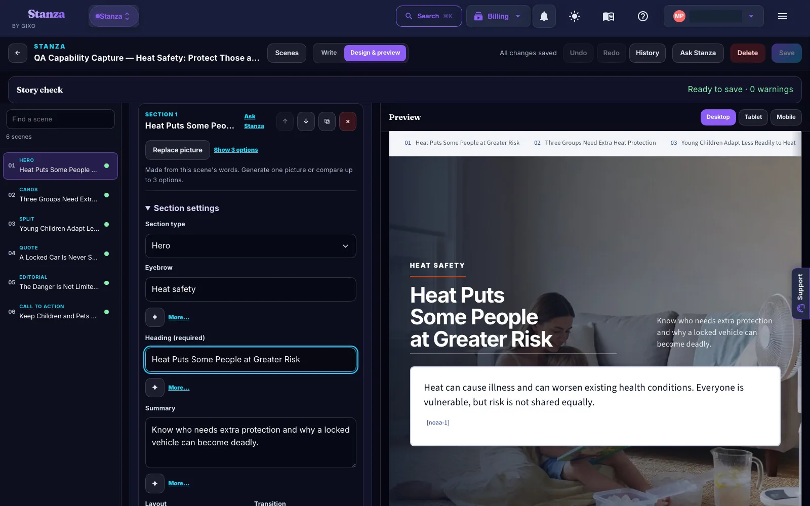 Stanza scene outline, populated heading and summary fields beside the Design and preview canvas, with desktop, tablet and mobile choices