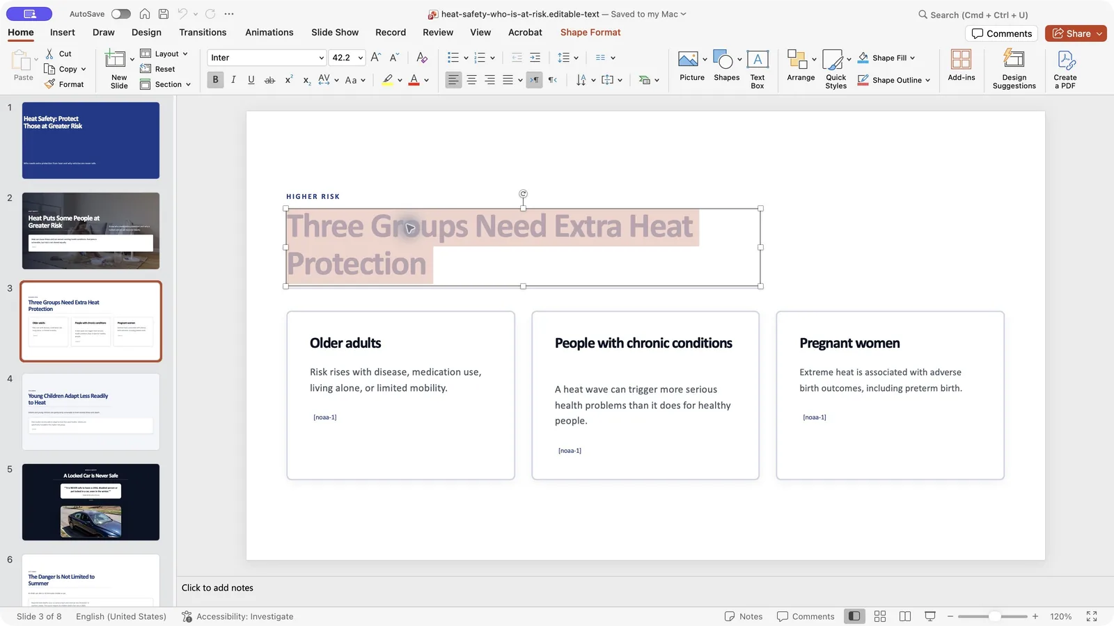Microsoft PowerPoint with a native Stanza title text box selected, its words highlighted, resize handles and font controls visible
