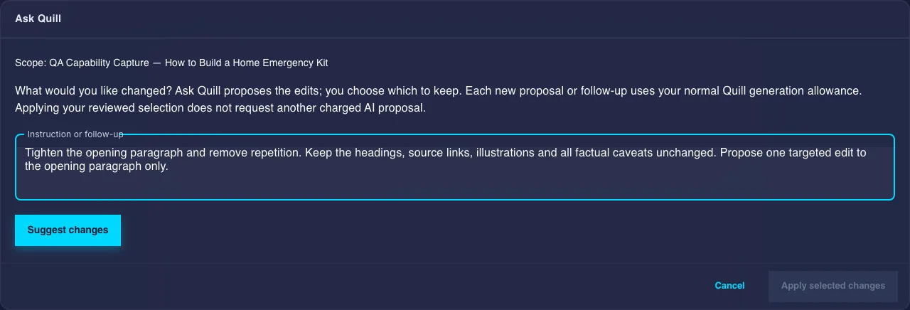 Ask Quill instruction dialog with the current article scope, a prepared request and Suggest changes