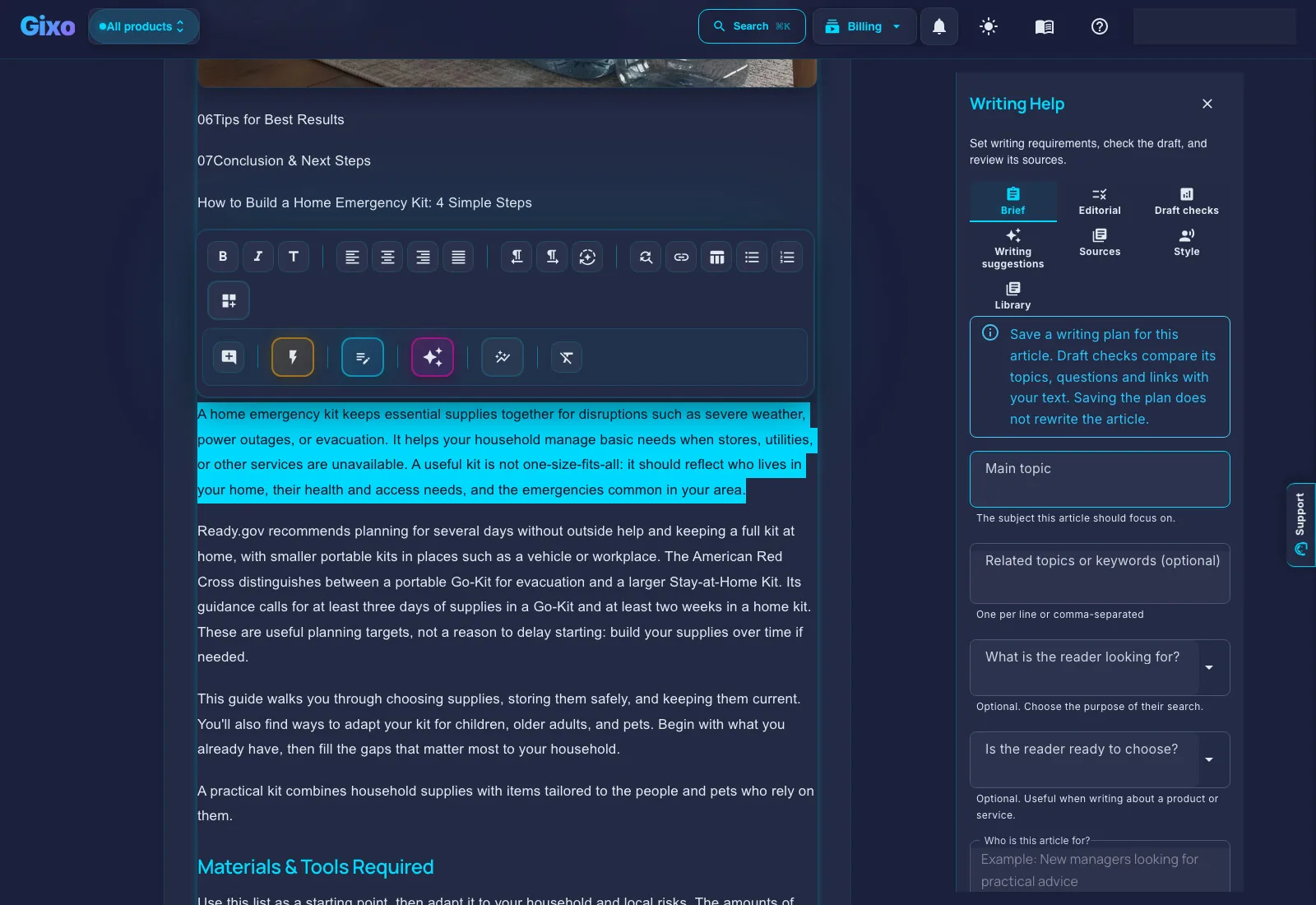 Current Quill editor with selected article text, formatting tools and Writing help